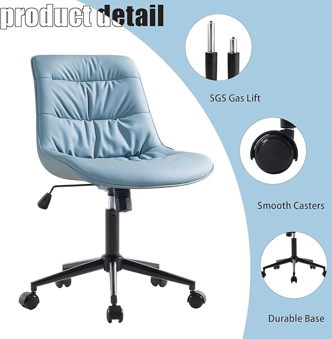 Kidol & Shellder Faux Leather Office Chair, Adjustable Swivel Height Task Chair, Rolling Wheels & Soft Backrest - Armless Ergonomic Desk Chair for Home, Office,Vanity,Gaming（Blue）
