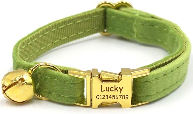 Personalized Cat Collars with Bells Custom Cat Collar with Name Tag Cute Soft Small Cat Collar for Boy and Girl Cats Kitten (Matcha Green)
