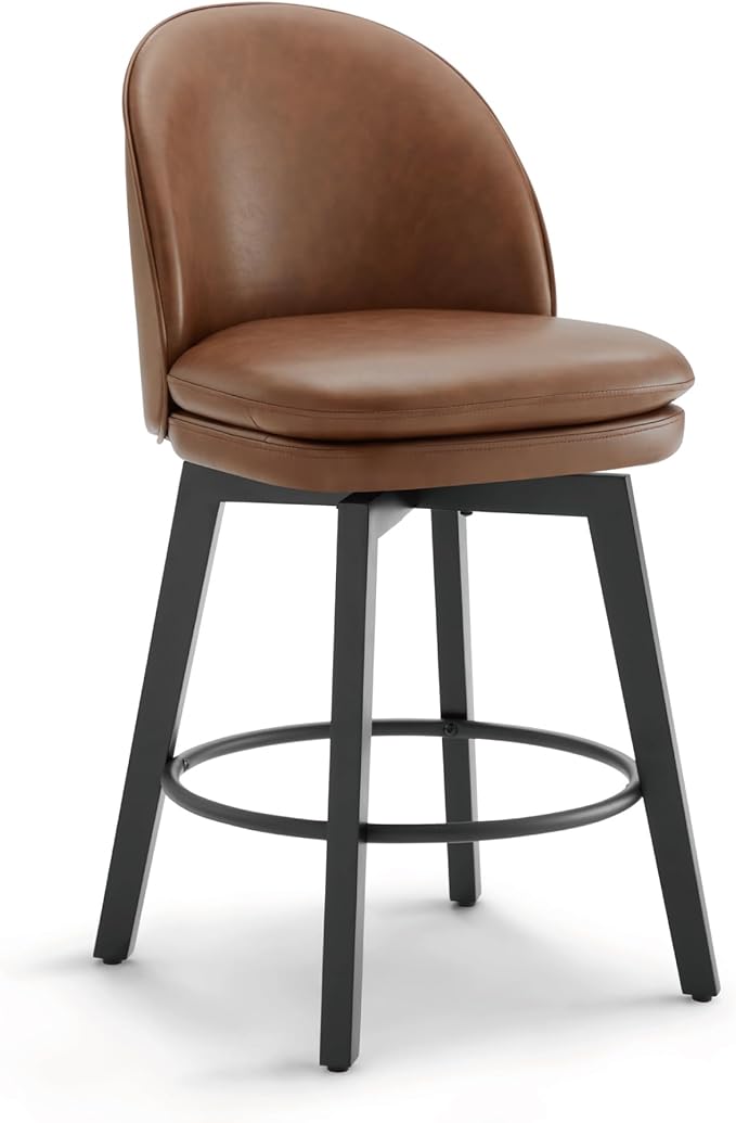 Counter Height Barstools 26 inch Upholstered Swivel Bar Stools with Back and Wood Legs for Kitchen Island,Set of 1,Brown PU Leather-Armless