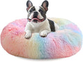 JOLLYVOGUE Calming Dog Bed Medium Size Dog, Anti-Anxiety Donut Medium Pet Bed, 27 inches Fluffy Faux Fur Round Cat Bed (Rainbow)