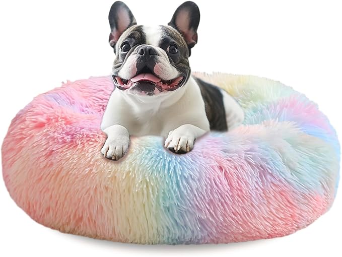 JOLLYVOGUE Calming Dog Bed Medium Size Dog, Anti-Anxiety Donut Medium Pet Bed, 27 inches Fluffy Faux Fur Round Cat Bed (Rainbow)