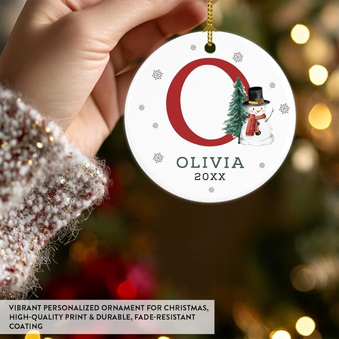 Andaz Press Personalized Christmas Ornaments, Custom Name, Initial O Monogram Snowman 2.8" Ceramic Porcelain 2025 Christmas Ornament Keepsake for Kids, Boys, Girls, 1-Pack Initial Ornaments