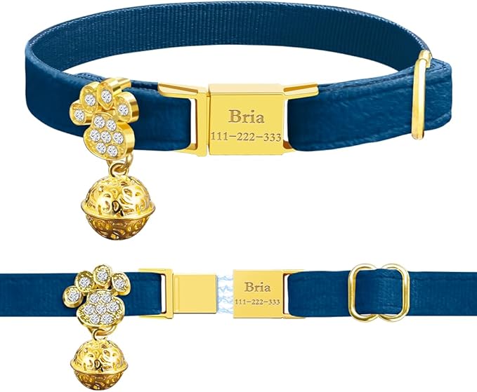 Personalized Breakaway Cat Collars - Magnetic Buckle, Bell - Safety Quick Release, Customized for Girls & Boys Cats- (Velvet-Navy)