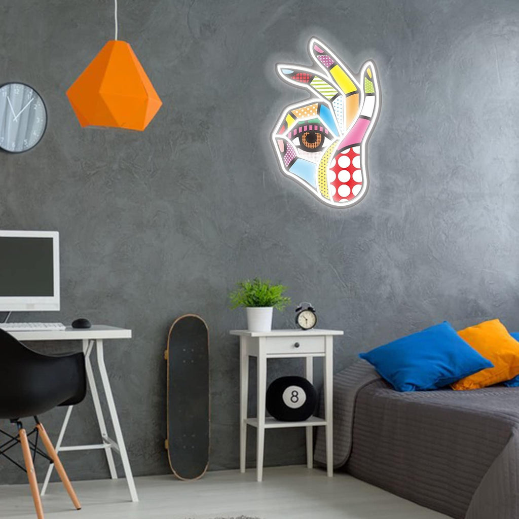 POP LED Neon Sign, Battery & USB Operated - Okay Neon Sign Wall Decor, Hands Off Home, Bedroom Decoration
