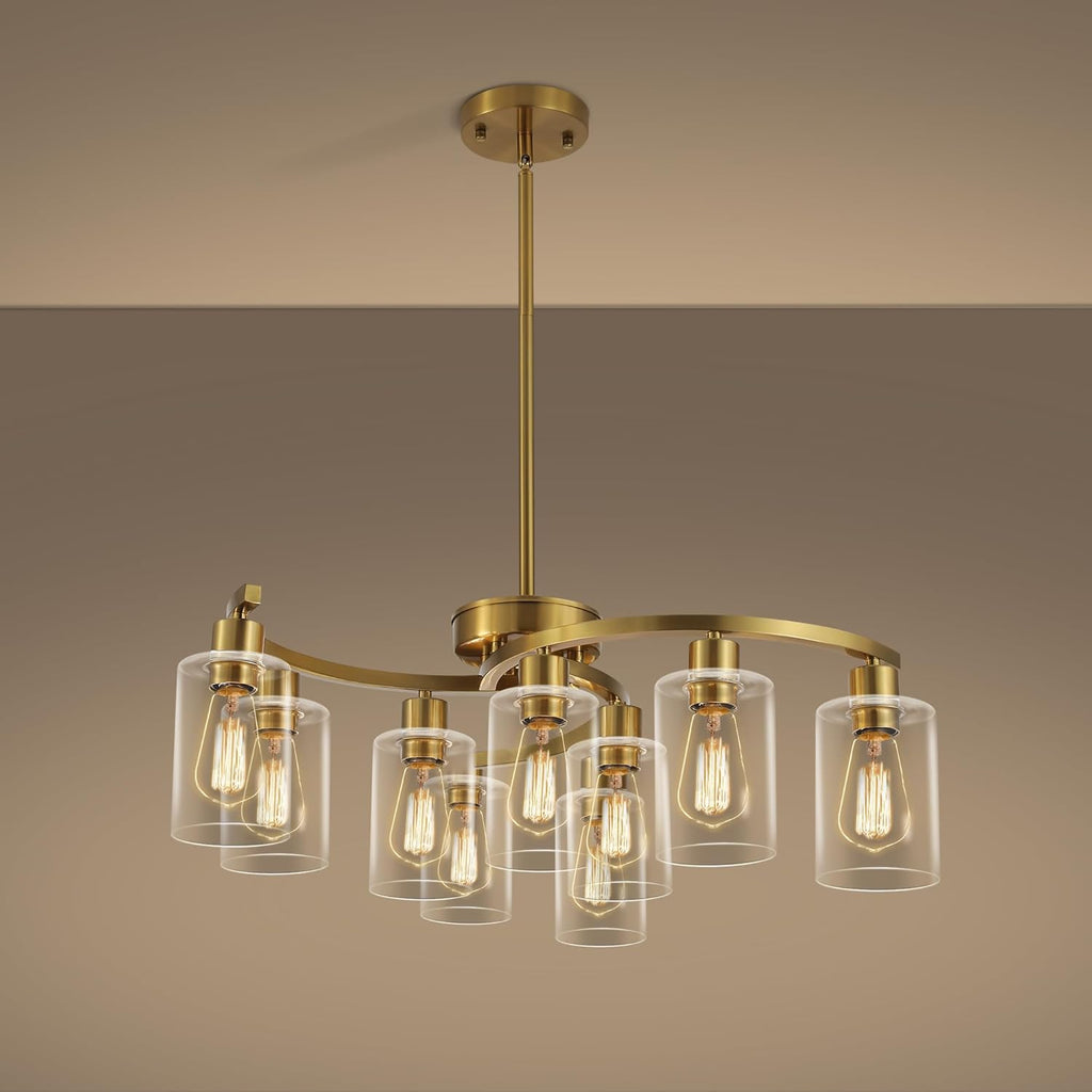 9-Light Gold Glass Chandelier, Adjustable Height Dining Room Light Fixtures Over Table, Contemporary Hanging Chandelier for Kitchen Island Living Room Foyer Office, Clear Glass Shade