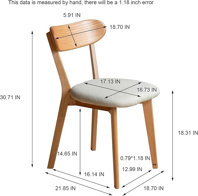 Set of 2 Solid Wood Dining Chairs,FAS-Grade North American Oak, Ergonomic Curved Backrest & Pear White Thick Upholstered Seats,Oak Padded Dining Chairs for Heavy People,Easy Assembly
