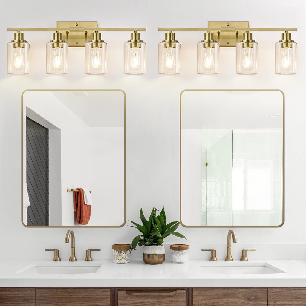 4 Light Bathroom Light Fixtures, Brass Vanity Lights for Bathroom with Clear Glass Shades, Modern Bathroom Wall Sconces for Mirror Living Room Cabinet