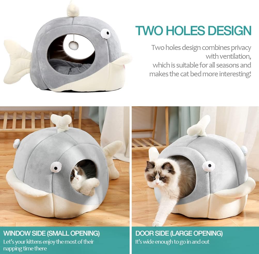 Lcybem Cat Beds for Indoor Cats - Cat Bed Cave with Removable Washable Cushioned Pillow, Calming Cozy Soft Cat Cave, Cute Friendly Dolphin Cat Houses for Indoor Cats No Deformation Pet Bed, L