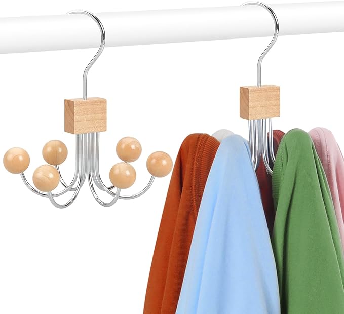 TOPIA HANGER Sweatshirt Hangers 2-Pack with 6 Wooden Balls, Purse Hanger, Scarf Hanger, Wooden Closet Hooks, Handbag Organizer, Bra Hanger, Accessory Organizers for Scarf, Tanktop, Hat, Hoodie CT82N