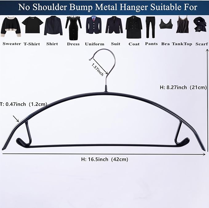 16.5 Inch Black No Shoulder Bumps No Mark Non-Slip Rubber Coated Contour Meta Hanger for Sweater T-Shirt Suit Coat Uniform with Pants Bar Pack of 10