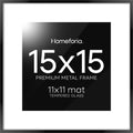 Homeforia 15x15 Picture Frame Black, High End Metal 15 x 15 Square Poster Frames with Mat 11 x 11 Photo, 15x15 Black Frame Matted to 11x11 Print, 15by15 Thin Frames, Tempered Glass, Wall Kit, Set of 1