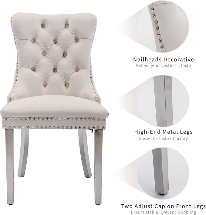 Luxury Upholstered Dining Chairs Set of 2, Beige Kitchen Chair with Silver Metal Legs, Velvet Tufted Back Dining Chair, Sillas de Comedor, Modern Kitchen & Dining Room Chairs (Beige, 2 Pcs)