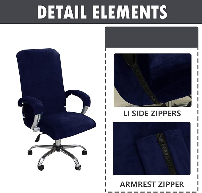 Velvet Plush Stretchable Office Computer Chair Cover - Cat Proof Protector for Ergonomic Office Desk Chair with Wheels and Armrest, Fits High Back Wide Mesh Executive Chairs, Navy Blue, XL