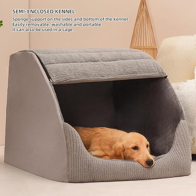 Extra Large Dog Bed House, 30D Memory Sponge, Cozy Dog House Indoor, Plush Dog Cave Bed Crate Cushion with Non-Slip Bottom for Medium Large Dogs (Grey, M)