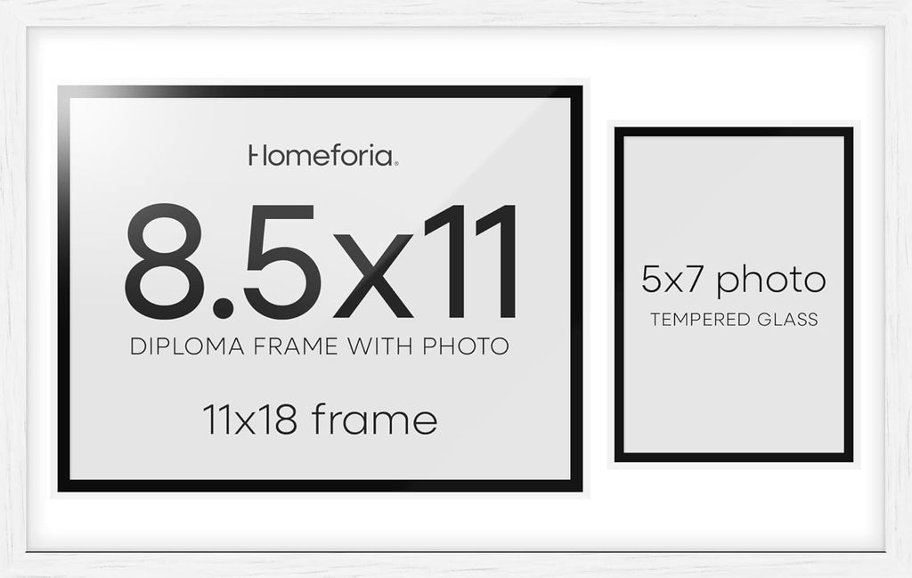Homeforia 11x18 White Diploma Frame with Photo, High End Oak 11 x 18 Certificate Wood Frame with Mat 8.5x11 Diploma and 5x7 Picture, 18 by 11 Wooden Document Frames, Tempered Glass, Wall Kit, Set of 1