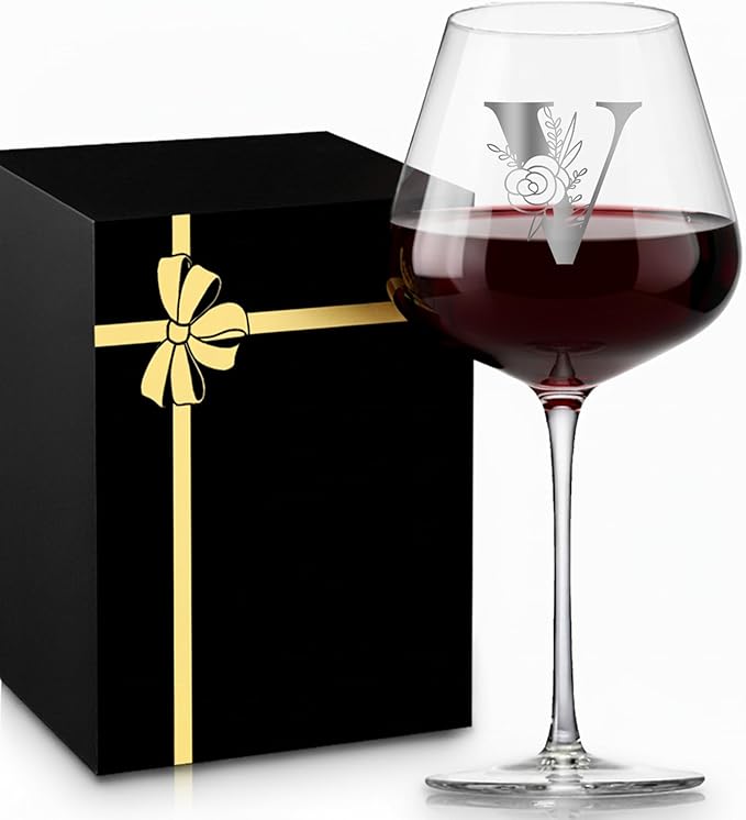 MNZZ Initial Crystal Wine Glass for Women Personalized Wine Gifts Customized Monogrammed A-Z Present for Teacher Appreciation Assistant Coworker ship Mom Wife Birthday Mother Day,V