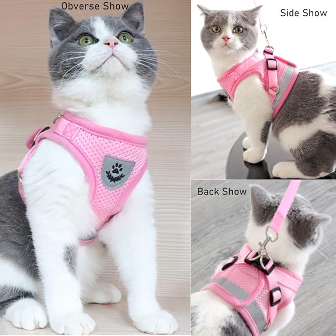FEimaX Dog Harness and Leash Set for Walking, Soft Mesh Adjustable Easy Control Lightweight Cat Vest Harnesses with Reflective Strips, Escape Proof Small Dogs Cats Vests (Pink, Small)