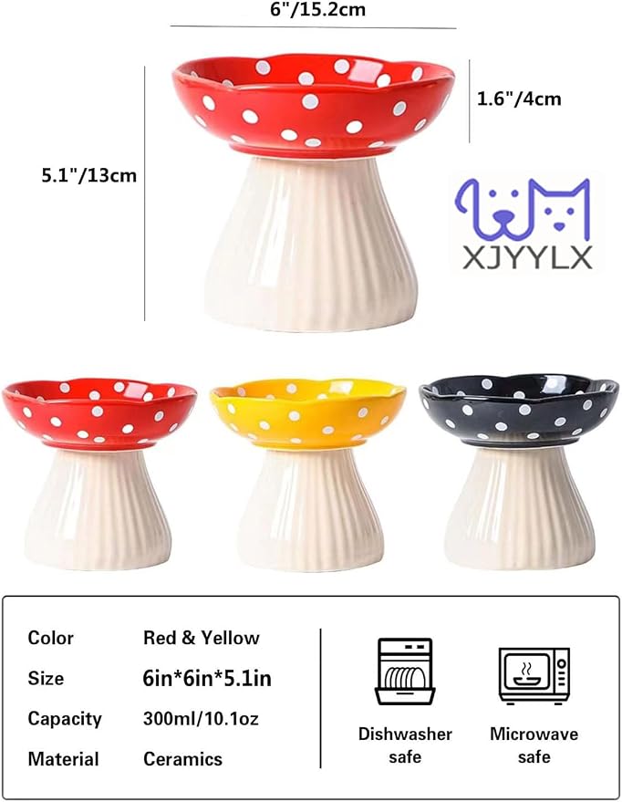 Mushroom Elevated Cat Bowls Ceramic, Cute Cat Bowls Whisker Fatigue | Raised Cat Bowl for Indoor Cats, Raised Dog Bowls Stand for Food and Water, Red+Yellow 6" Wide for Adult Cats