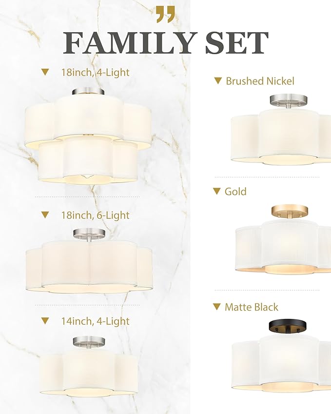 Semi Flush Mount Ceiling Lights, 5-Light 18" Ceiling Light Fixtures with Double Fabric Drum Shade in Quatrefoil Shape, Brushed Nickel Ceiling Light for Nursery Bedroom, AD-22007-5SF-SN