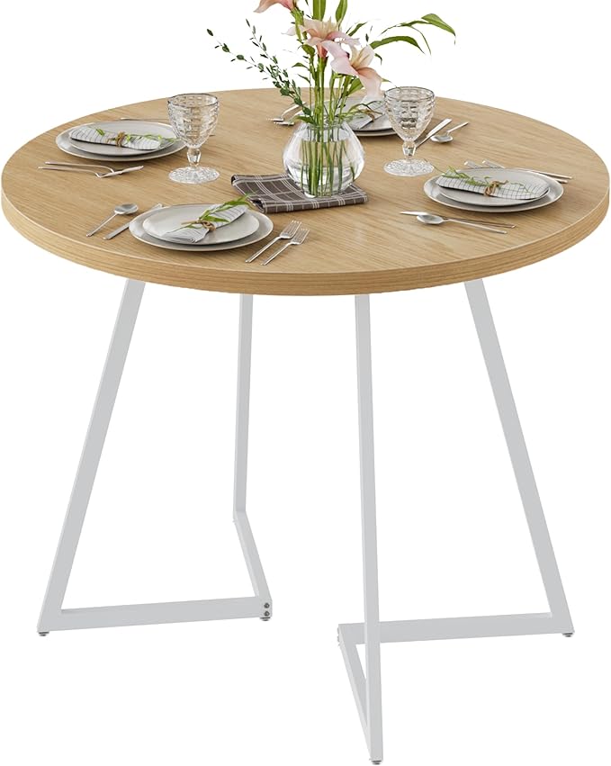 VECELO 35" Round Dining Table for 4, Wood-Grain Tabletop & Heavy-Duty Steel Frame, for Kitchen, Living Room, Easy Assembly, Natural & White