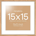 Homeforia 15x15 Picture Frame Natural Wood, High End Oak 15 x 15 Square Light Wooden Frames with Mat 11 by 11 inch Photo, 15by15 Poster Frames Matted to 11x11 Print, Tempered Glass, Wall Kit, Set of 1