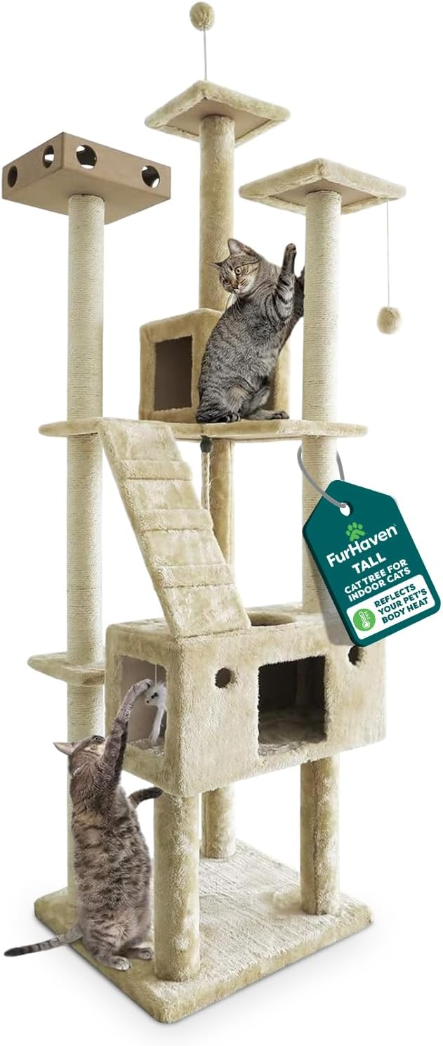 FurHaven 69.3" Tall Cat Scratching Post Tower for Indoor Cats, Sisal Cat Tree with 2 Condos, Tiger Tough Double Decker Playground, Toys & Perches for Cats, Sisal, Cream