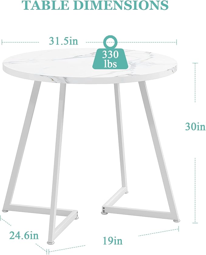 VECELO Round Dining Room Table with Wood Grain Tabletop and Steel Frame, for Kitchen, Living Room, Office, Conference, 2 to 4 Person, Fuax Marbled & White