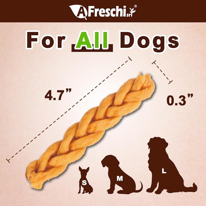 AFreschi Turkey Tendons for Dogs, USA-Sourced, Healthy Dog Treats, Rawhide-Free Puppy Chews, All Natural, Hypoallergenic Dog Treats, Classic Series, Braided Sticks, 3.5 oz Pack