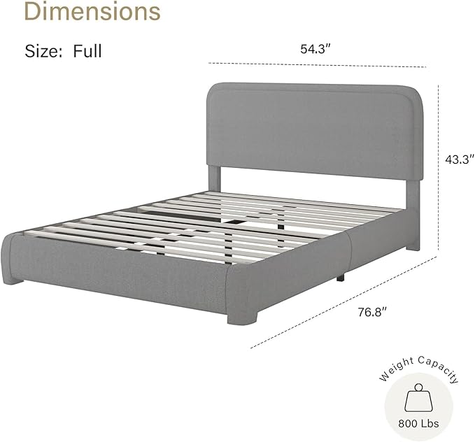 BarnFurin Full Size Bed Frame with Headboard, Boucle Upholstered Platform Bed Frame, Modern Style, Soft Rounded Corners, No Box Spring Required, Easy Assembly, Light Grey