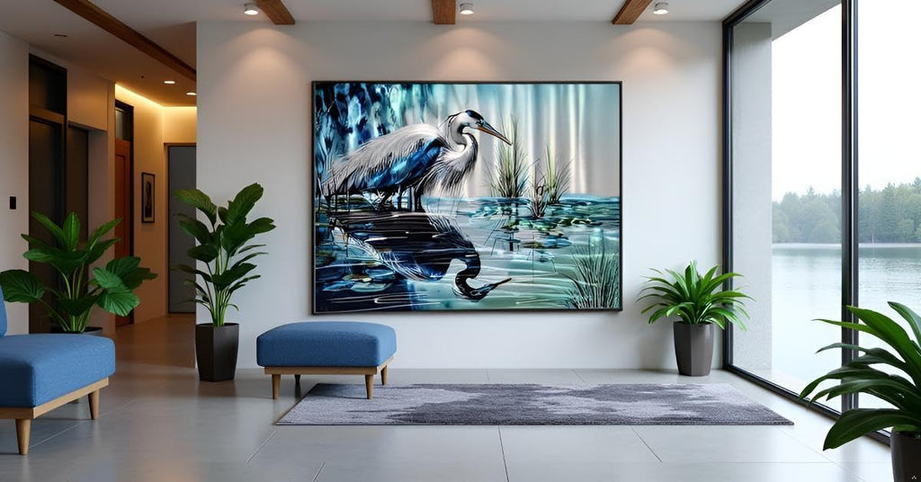Yihui Arts Elegant Blue and Silver Heron Metal Wall Art for a Modern and Contemporary Home Decor Accent