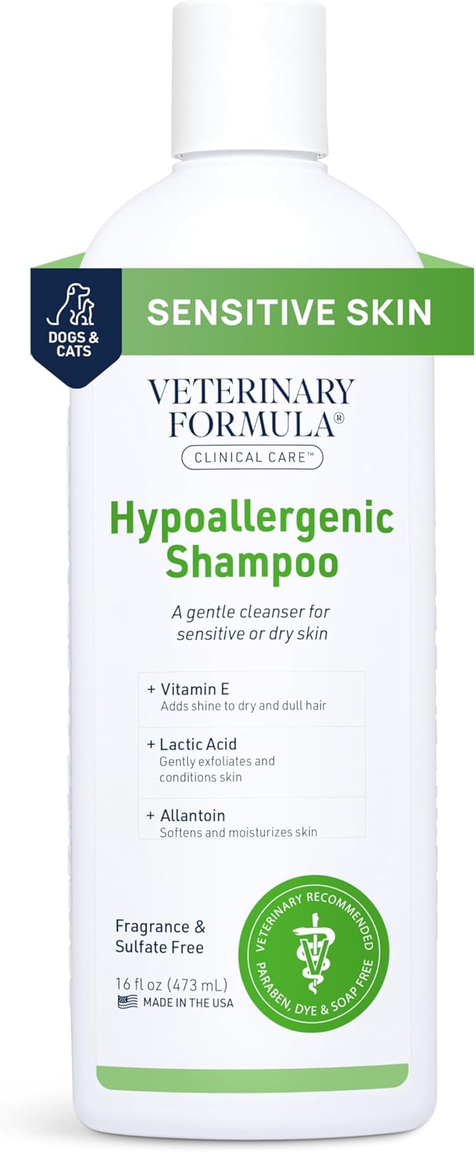 Veterinary Formula Clinical Care Hypoallergenic Shampoo for Dogs and Cats, 16 oz – No Harsh Ingredients – Fragrance-Free Pet Shampoo for Allergies and Sensitive Skin, Promotes Healthy Skin and Coat