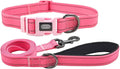 Dog Collar Leash Set, Durable Polyester with Safety Reflective Strips, 5 ft Matching Leash, Neoprene Padded Handle, Adjustable 4 Sizes for Small Medium Large Dogs.(L, Pink)