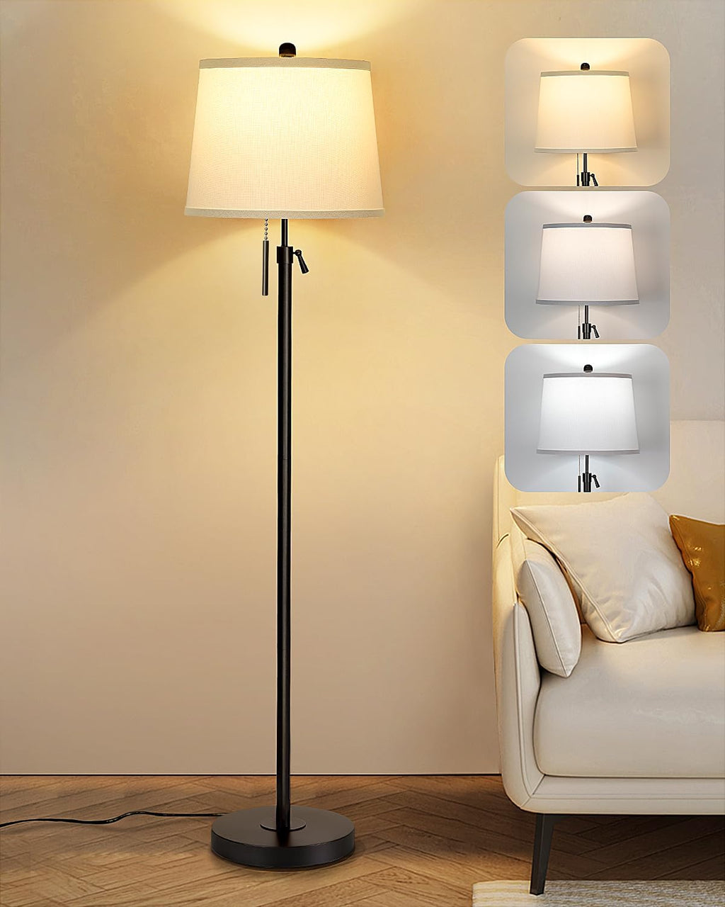 Black Floor Lamps for Living Room Adjustable Height Standing Lamp Modern Tall Pole Lamps for Bedroom Office with White Linen Shade 3 Color Temperature 9W LED Bulb Included