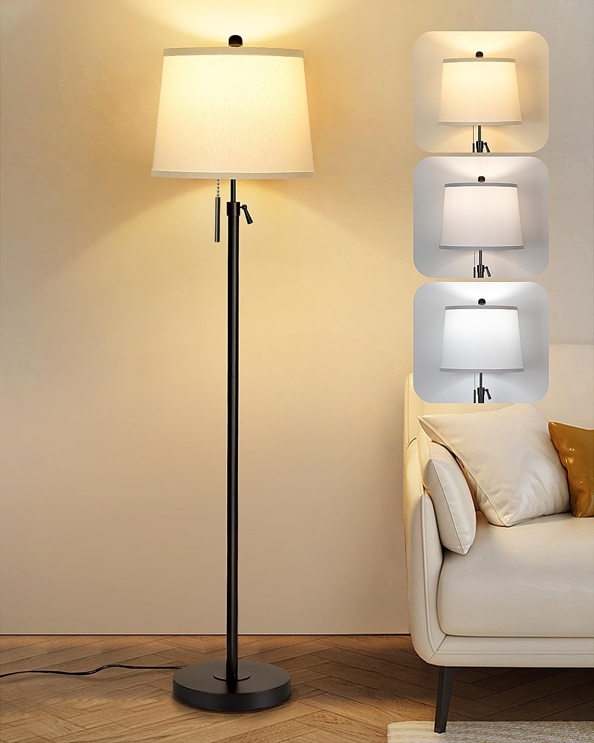 Black Floor Lamps for Living Room Adjustable Height Standing Lamp Modern Tall Pole Lamps for Bedroom Office with White Linen Shade 3 Color Temperature 9W LED Bulb Included