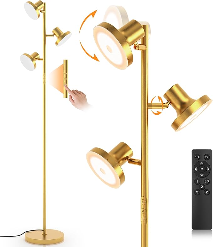 36W LED Tree Floor Lamp, Modern Dimmable Standing Lamp with Remote & Touch Control, 4 Color Temperatures, 3 Rotatable LED Light Floor Lamps for Living Room, Bedroom, Office