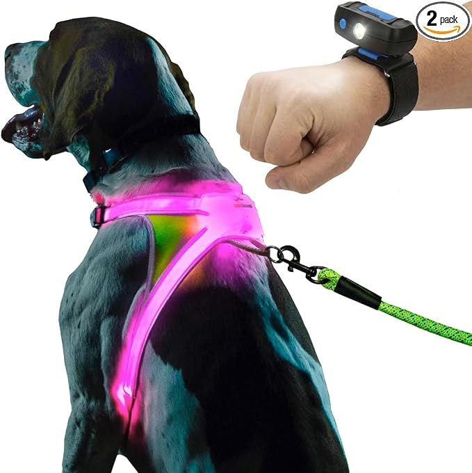 noxgear LightHound Light Up Reflective Dog Harness and Wrist Light, X-Large | 360° Light Up Reflective Dog Harness, 8 Colors & 6 Modes, USB Rechargeable, Adjustable, Rainproof, LED Fiber Optic