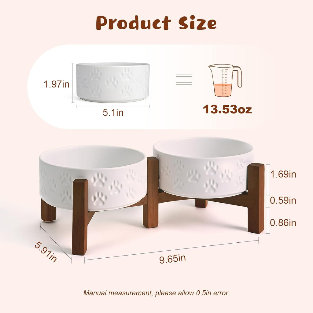 SPUNKYJUNKY Ceramic Elevated Dog Bowl Set with Acacia Wood Stand for Food and Water for Cats and Small Dogs (13.52 OZ, White, Dog Paw Pattern)