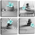 Yxbhhym Gray Wall Art Zen Wall Art Teal Floral Paintings Black and White Decor Zen Stone Sand Pebble Canvas Flower Artwork for Wall Home Decoration Bathroom Wall Decor 12''x12''x4pcs