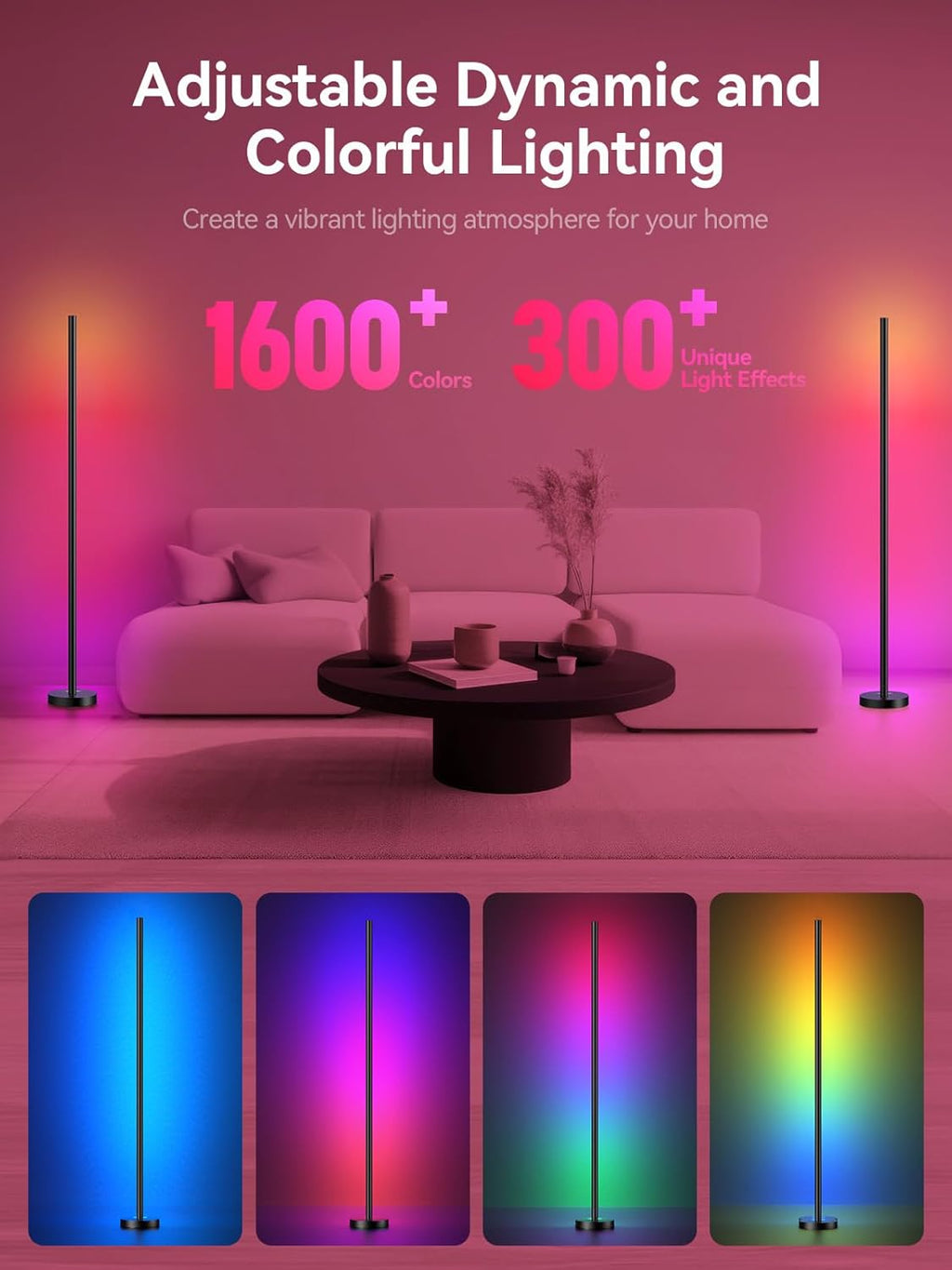 Smart RGBICW LED Corner Floor Lamp 2 Pack - 16 Million DIY Colors, 68+ Scenes, Music Sync, App & Remote Control, Color-Changing Ambient Lighting for Living Rooms, Bedrooms, and Gaming Rooms