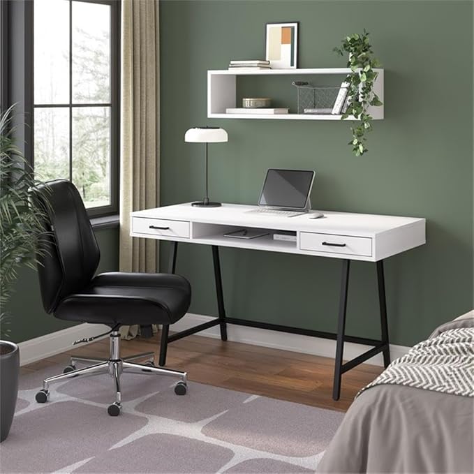 Bush Furniture Steele 54W Writing Desk with Storage in Pure White Oak | Large Wooden Computer Table for Home Office Workspace