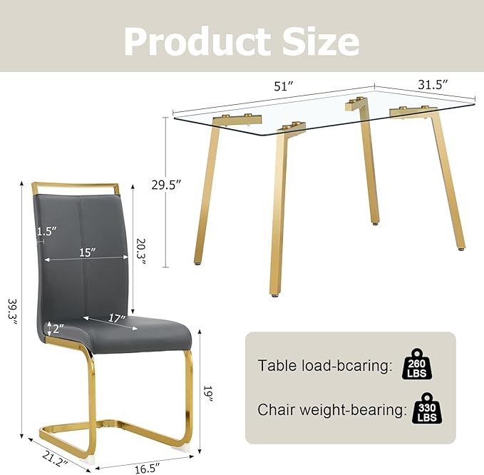 Dining Table Set of 4,51" Rectangle Tempered Glass Top with Golden Chrome Legs,Kitchen Room Table with 4 Grey Faux Leather Chairs,Dinner Table Set for Dining Room Office