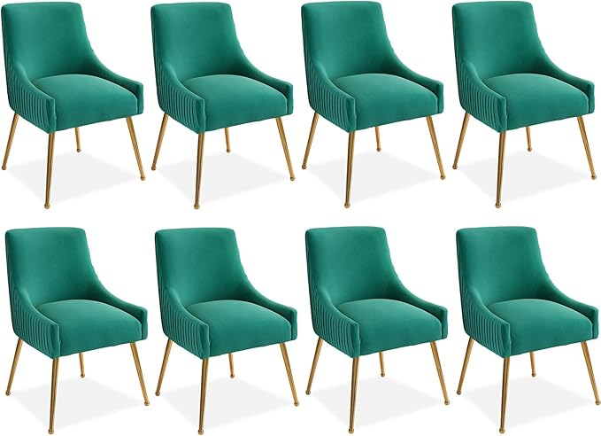 Dining Chairs, Accent Chairs Set of 8, Modern Upholstered Kitchen Dining Room Chairs with Gold Legs, Fabric Tufted Velvet Living Room Chairs for Reception Room Bedroom Guest Room (Deep Green)