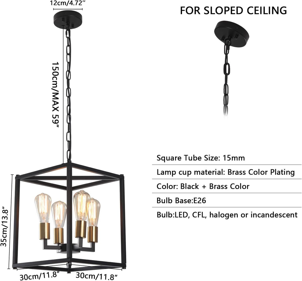 Lantern Pendant Light, 4-Light Gold Chandelier,Modernized Ceiling Hanging Light Fixture for Bedroom Kitchen Island Foyer Living Room Dining Room Hallway