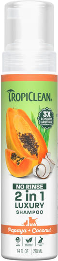TropiClean No Rinse Waterless Dog Shampoo | Detangling & Deodorizing Dry Shampoo for Smelly Pets | Moisturizes Dry Skin | USA Made | Papaya Scent | 7.4oz