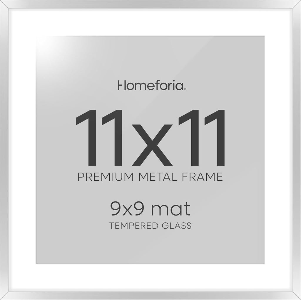 Homeforia 11x11 Picture Frame Silver, High End Metal 11 by 11 Square Frames with Mat 9 x 9 Photo, 11x11 Thin Poster Frame Matted to 9x9 inch Art, Wall Hanging Frame, Tempered Glass, Wall Kit, Set of 1