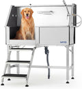 Garvee 46 Inch Stainless Steel Dog Washing Station, Heavy Duty Pet Grooming Bathtub with Access Stairs, Brushed Finish, Left Door Options