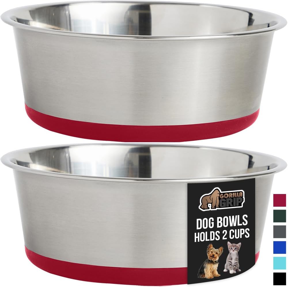 GORILLA GRIP Set of 2 Dog Bowls, Heavy Duty Metal Food and Water Bowl for Feeding Dogs and Cats, Dishwasher Safe, Rust Resistant Stainless Steel, BPA Free Rubber Base, Holds 2 Cups (16 fl oz), Red