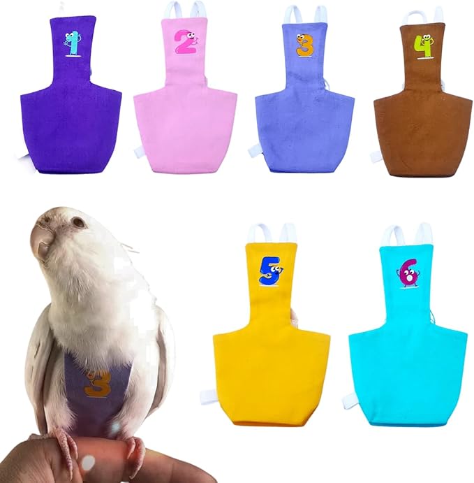 Bird Diaper Protective Parrot Nappy - 6 Pack, Reusable Flight Suit with Waterproof Inner Layer, Washable Cute Urine Wet Suit for Cockatiel Conure Macaw Lovebird (2M)