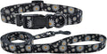 Dog Collar Leash Set, Floral Pattern, Polyester Material, Adjustable Collar and 5ft Matching Leash, for Medium Dogs.(M, Black Daisy)