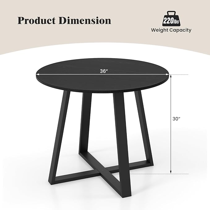 COSTWAY 36 Inch Round Table, Kitchen Table for 4 People with Rubber Wood Frame, Pedestal Base, Farmhouse Rustic Table for Living Room Restaurant, Black